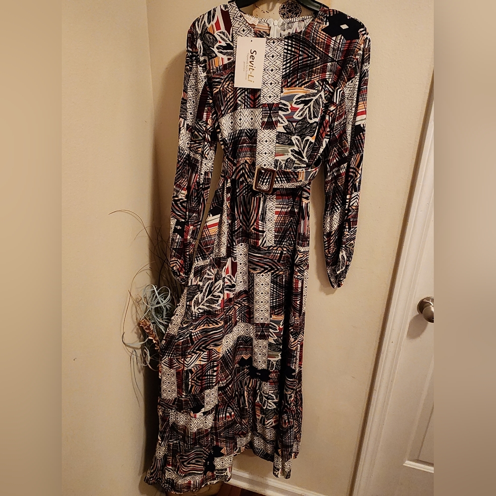Sevit-Li Modest tribal print maxi dress with belt